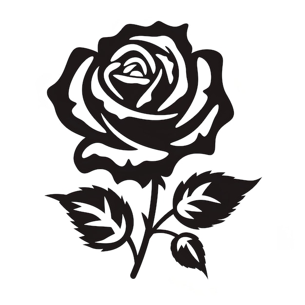 Un dessin noir et blanc d'une rose avec des feuilles.