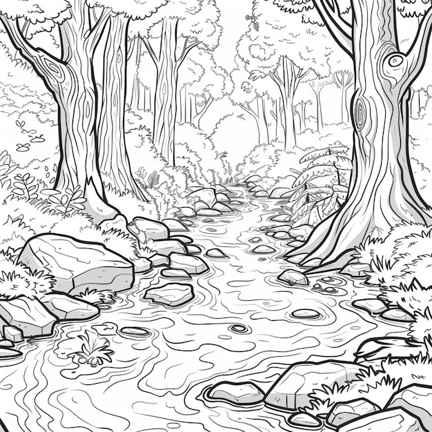 Photo un dessin en noir et blanc d'un ruisseau dans une forêt générative ai