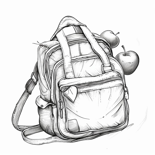 un dessin en noir et blanc d'un sac à dos avec des pommes dessus