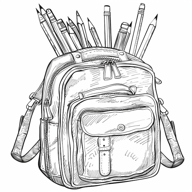 Photo un dessin en noir et blanc d'un sac à dos avec des stylos et des crayons