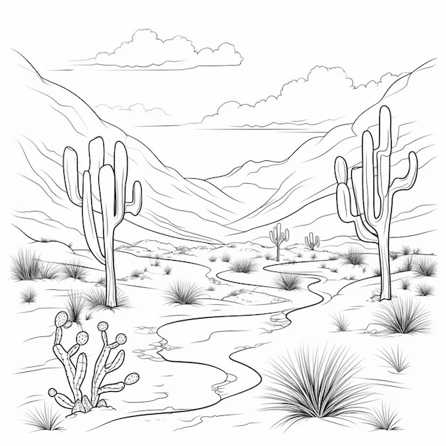 Photo un dessin en noir et blanc d'une scène du désert avec des arbres de cactus génératifs ai