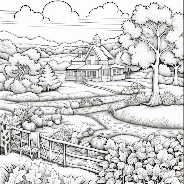 un dessin en noir et blanc d'une scène de ferme avec une maison générative ai