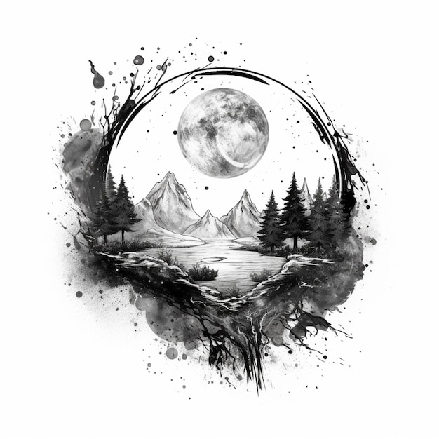 un dessin en noir et blanc d'une scène de montagne avec une IA générative de pleine lune