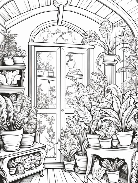Photo un dessin en noir et blanc d'une serre avec des plantes en pot