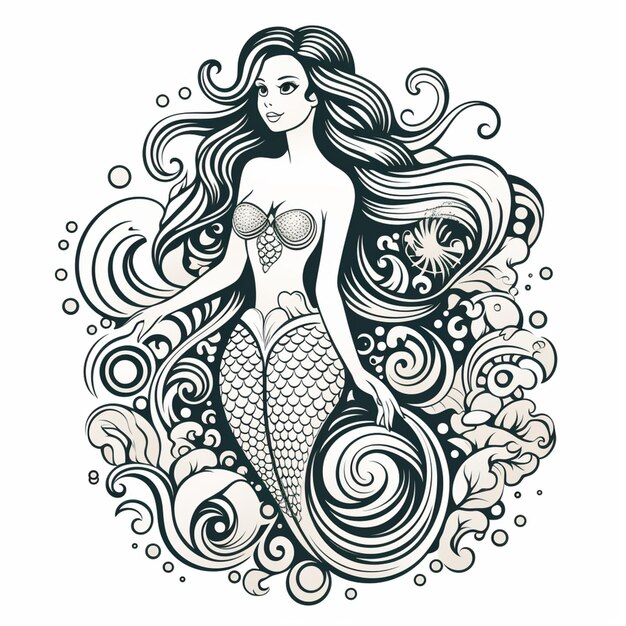un dessin en noir et blanc d'une sirène aux cheveux longs.