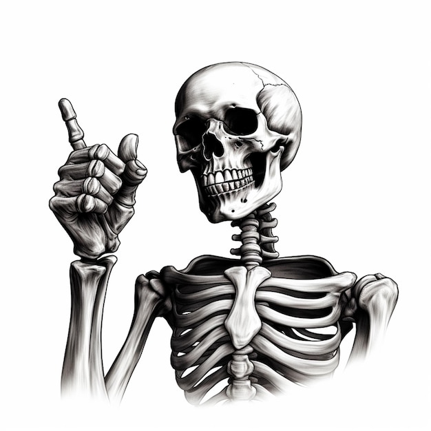 un dessin en noir et blanc d'un squelette donnant le signe de la paix génératif ai