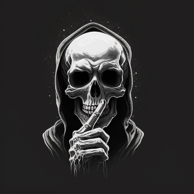 Photo un dessin en noir et blanc d'un squelette fumant une cigarette