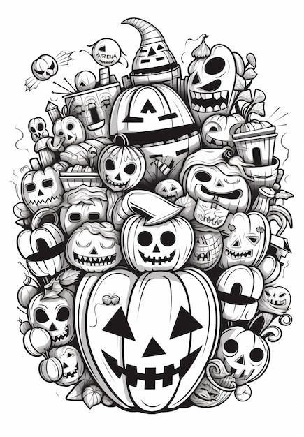 Photo un dessin en noir et blanc d'un tas de citrouilles d'halloween générative ai