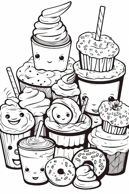 un dessin en noir et blanc d'un tas de cupcakes et de beignets génératifs ai