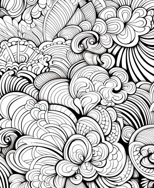 un dessin en noir et blanc d'un tas de formes tourbillonnantes