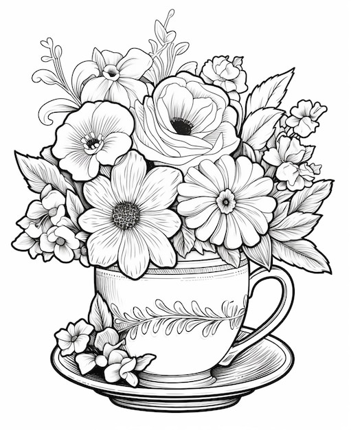 un dessin en noir et blanc d'une tasse avec des fleurs à l'intérieur