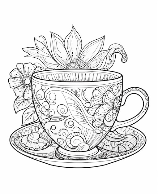 Photo un dessin en noir et blanc d'une tasse de thé avec une soucoupe générative ai