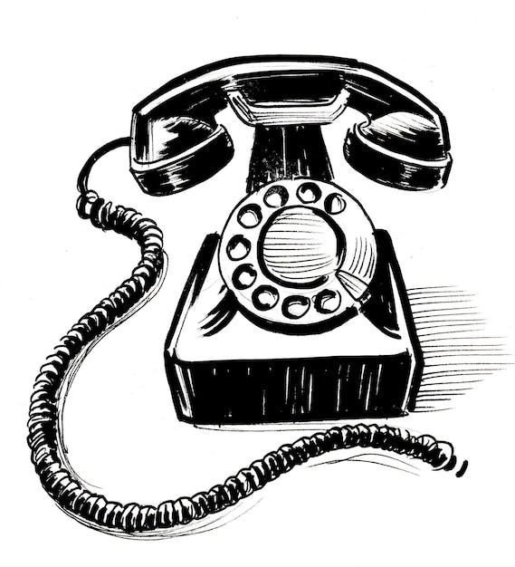 Un dessin en noir et blanc d'un téléphone avec un cordon qui dit "appelez-le".