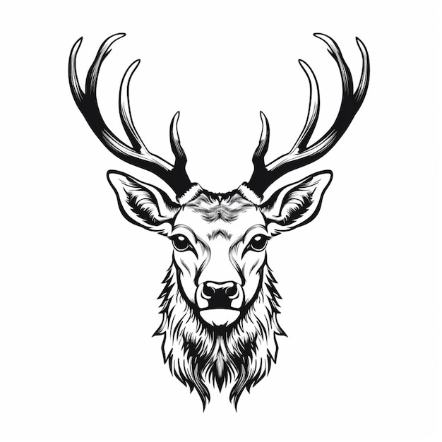 Un dessin en noir et blanc d'une tête de cerf avec de grandes cornes générative ai