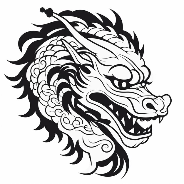 Photo un dessin en noir et blanc d'une tête de dragon avec une ia générative à longue queue