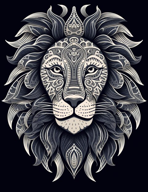 Un dessin en noir et blanc d'une tête de lion avec des motifs complexes