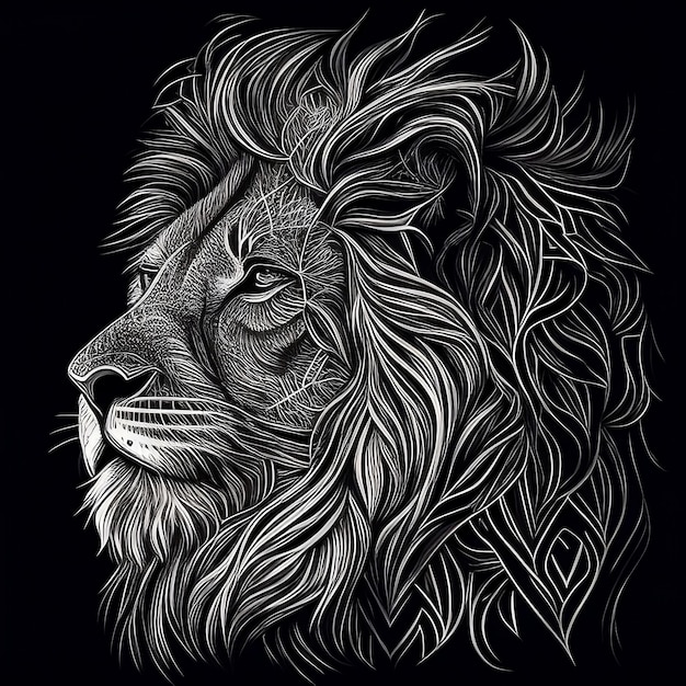 Un dessin en noir et blanc d'une tête de lion.