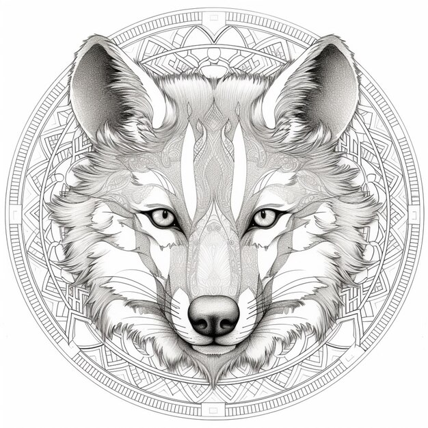 Photo un dessin en noir et blanc d'une tête de loup avec un motif géométrique ai génératif