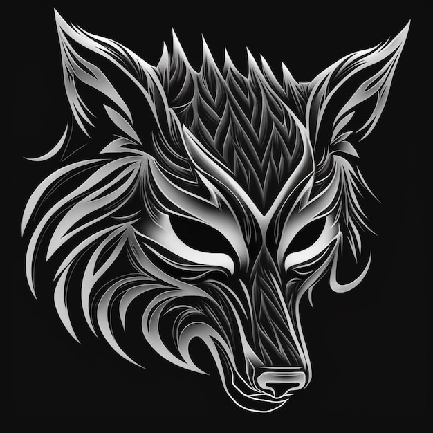 Un dessin en noir et blanc d'une tête de loup avec un motif tribal génératif ai