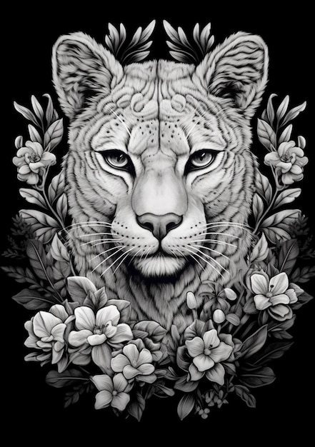 un dessin en noir et blanc d'un tigre avec des fleurs autour de lui IA générative