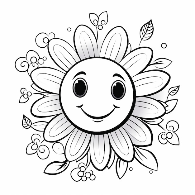 un dessin en noir et blanc d'un tournesol souriant avec des feuilles ai générative
