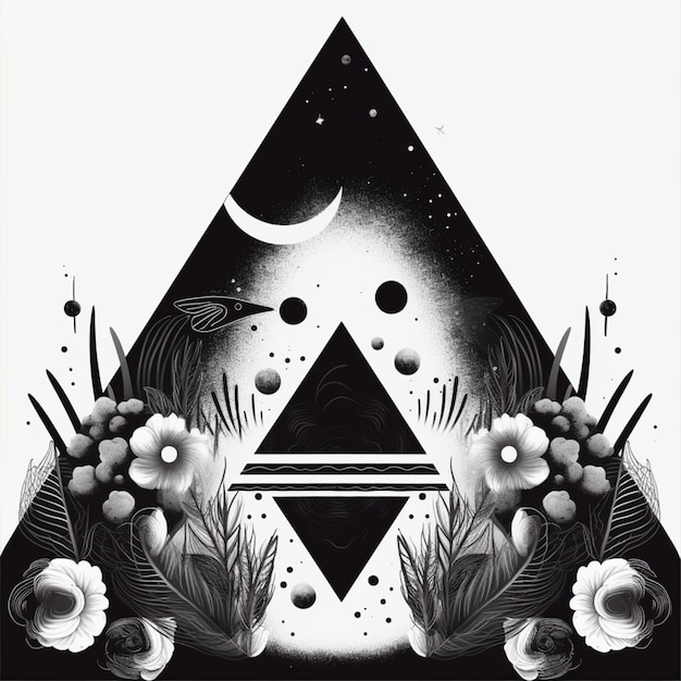 un dessin en noir et blanc d'un triangle avec des fleurs et une lune ai générative