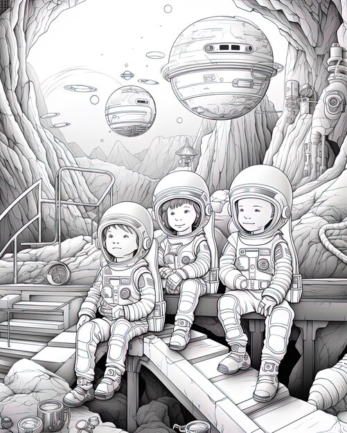 un dessin en noir et blanc de trois enfants assis sur une plate-forme avec des navettes spatiales