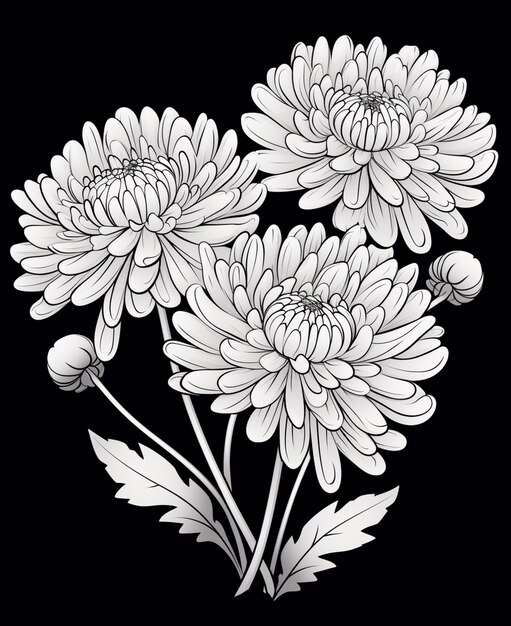 Photo un dessin en noir et blanc de trois fleurs sur un fond noir