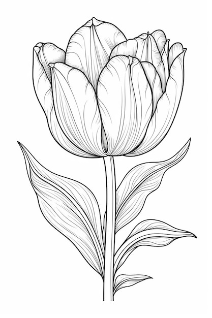 Un dessin noir et blanc d'une tulipe avec des feuilles et des fleurs.