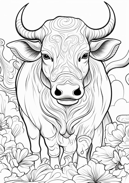 un dessin en noir et blanc d'une vache dans un champ de fleurs IA générative