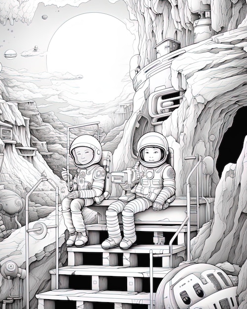 un dessin en noir et blanc d'un vaisseau spatial avec un astronaute dessus