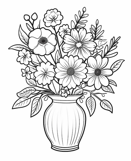 un dessin en noir et blanc d'un vase avec des fleurs dedans IA générative