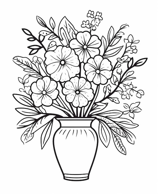 un dessin en noir et blanc d'un vase avec des fleurs dedans IA générative