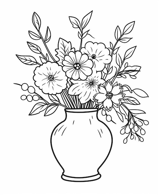 un dessin en noir et blanc d'un vase avec des fleurs dedans IA générative