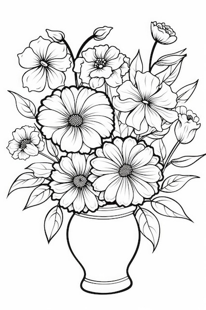 Un dessin en noir et blanc d'un vase de fleurs.