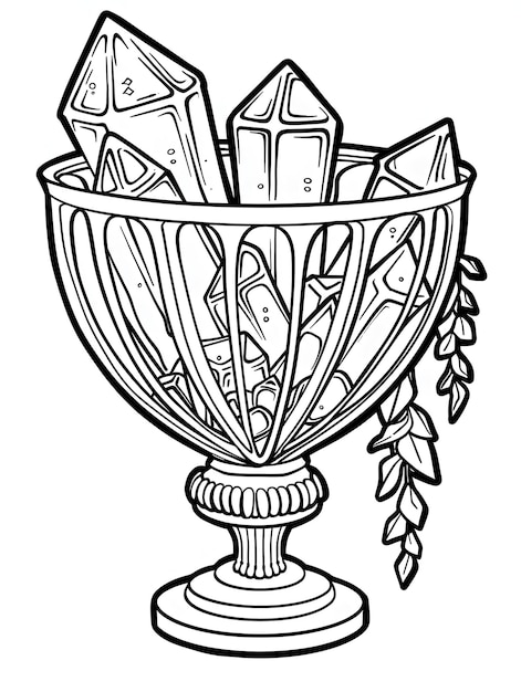 Un dessin en noir et blanc d'un vase rempli de cristaux et de feuilles pour la coloration