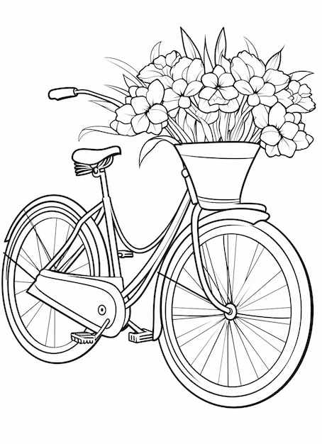 un dessin en noir et blanc d'un vélo avec des fleurs dans un panier génératif ai