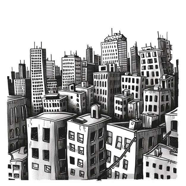 un dessin en noir et blanc d'une ville avec un certain nombre de bâtiments