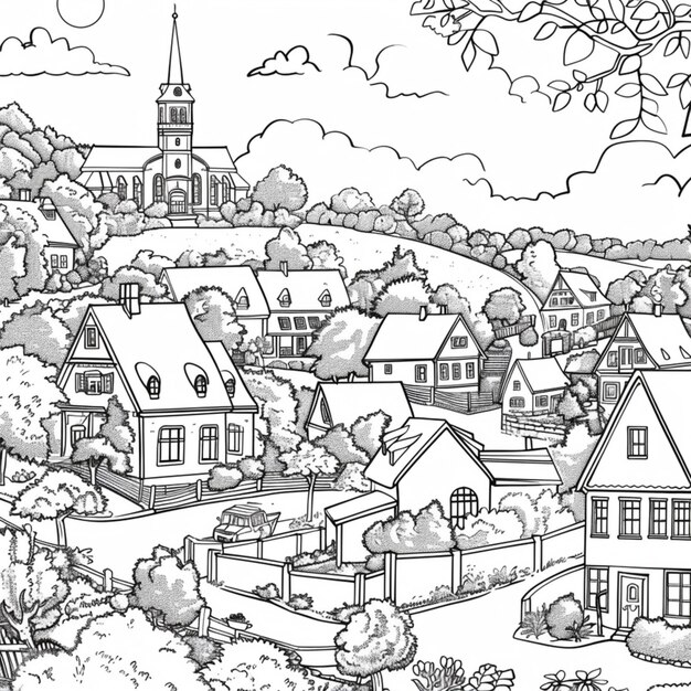 un dessin en noir et blanc d'une ville avec une église en arrière-plan