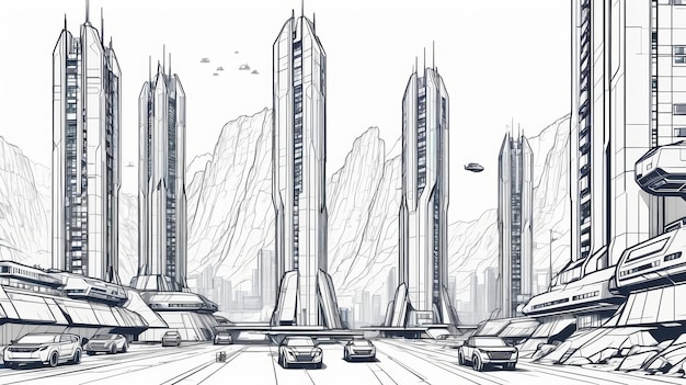 Un dessin en noir et blanc d'une ville futuriste