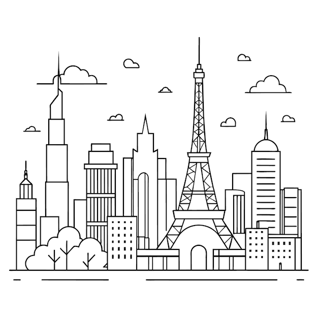 un dessin en noir et blanc d'une ville avec une ville en arrière-plan