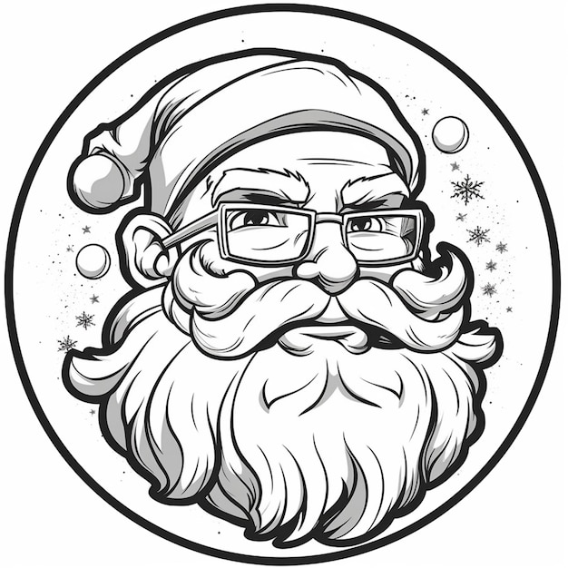 un dessin en noir et blanc d'un visage de Père Noël avec des lunettes