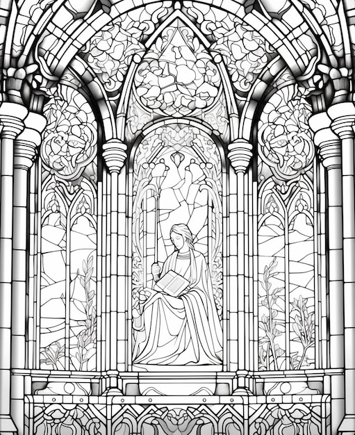 Photo un dessin en noir et blanc d'un vitrail avec une femme ia générative