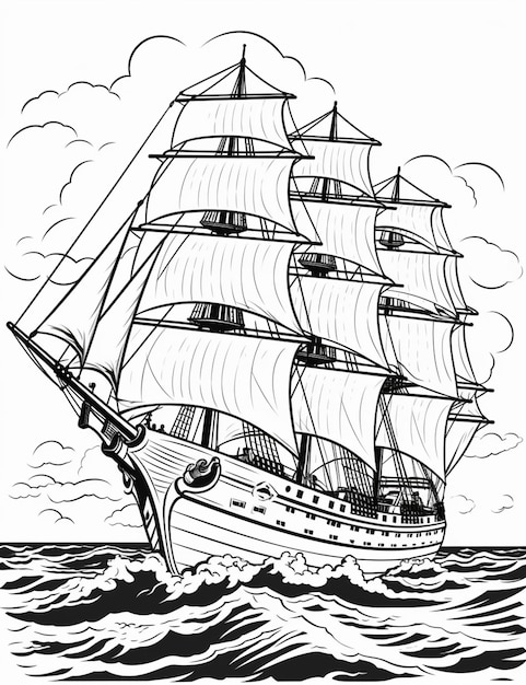 Photo un dessin en noir et blanc d'un voilier dans l'océan ia générative