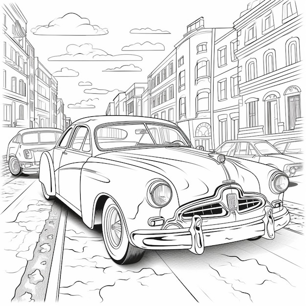 Un dessin en noir et blanc d'une voiture dans une rue.