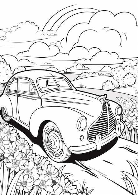 Un dessin en noir et blanc d'une voiture qui descend une route générative ai