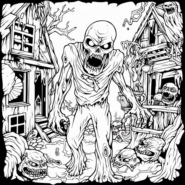 Photo un dessin en noir et blanc d'un zombie debout devant une maison générative ai
