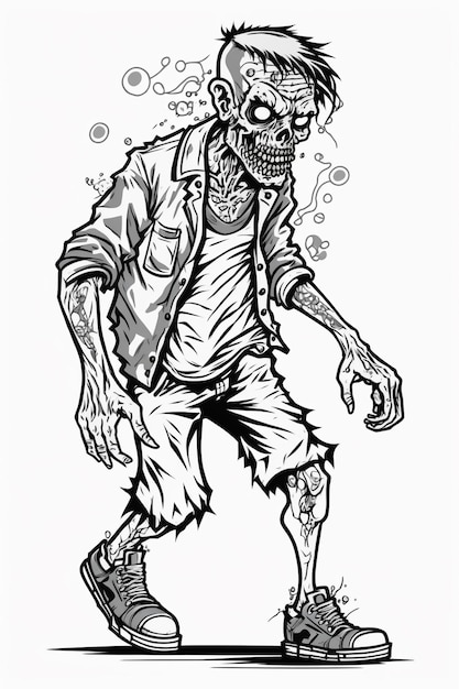 Photo un dessin en noir et blanc d'un zombie qui marche avec une cigarette dans la bouche