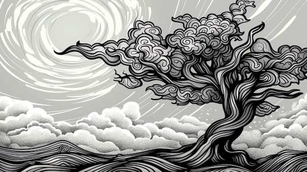 Photo un dessin numérique d'un arbre avec un grand tronc tordu et des branches qui s'étendent vers le ciel