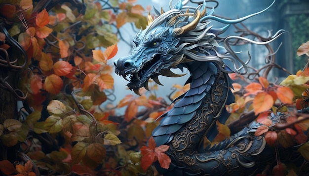 Un dessin numérique avec un dragon chinois en fer forgé